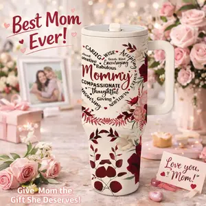 1 Pc insulated mug, 40oz thermal mug, vacuum cup double wall Flasks, keeps hot 12h cold 24h, leak proof with handle, large capacity travel mug, mom floral design, mother's day gift for mom, gift for women, coffee tea hot cold drinks