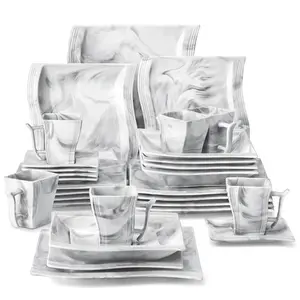 MALACASA FLORA Marble Porcelain Dinnerware Set 30 Piece Tableware with 6PCS Dinner Plate Dessert Plate Soup Plate Cups