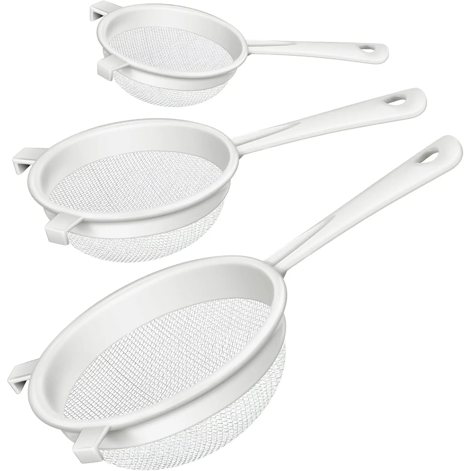 3 Pcs Lightweight Plastic Nylon Mesh Strainers with Handle - Double Ear Fine Food Filters for Baking, Pasta, Cooking, Tea, Coffee - White Modern Kitchen Utensils for Restaurant, Mall Use