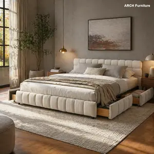 California King Size Upholstered Platform Bedframe - Modern Chic Chenille Fabric, with Headboard, Solid Structure, Storage Drawers, 90.5in x 80.5in x 31in, Requires Assembly, Indoor Furniture, California King Size Bed