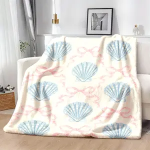 1pc Coastal Blue & Pink Seashell & Bow Flannel Blanket | Soft Plush AllSeason Bedspread for Sofa, Bed, TV, Turquoise & Coral Pink Marine Design, Soft Blue & Pink Bows, Cozy Home Decor, Holiday, Polyester