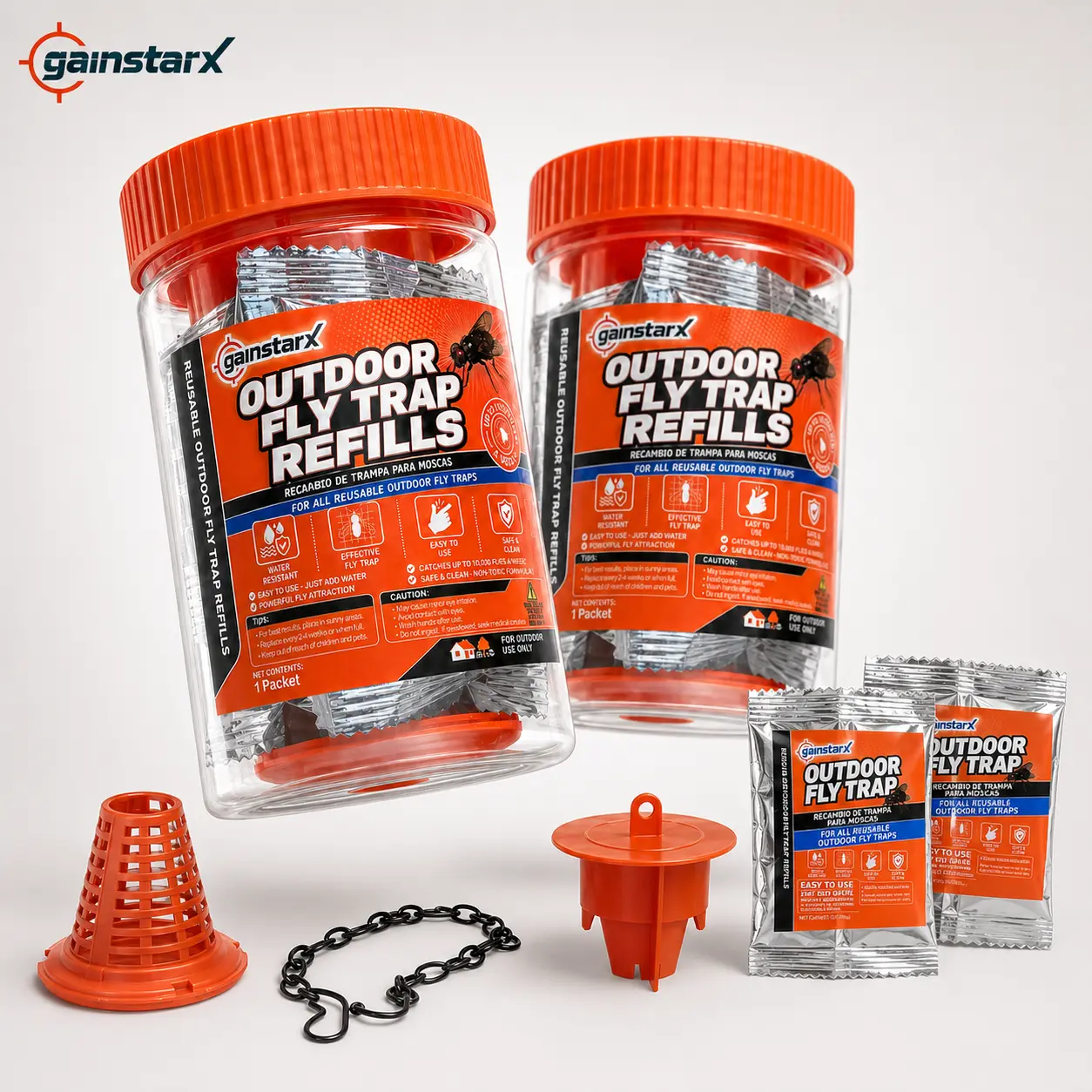 Gainstarx 2 Fly Traps Outdoor Fly Trap for Patio with 4 Non-Toxic Dissolvable Bait Refills. Reusable Hanging Bug Catcher Killer for All Filth Flies for Outside Bug Control Yard Ranch. Hanging Chains Included