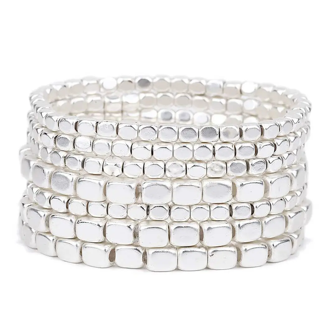 Rosemarie Collections Women's 7-Piece Matte Silver Tone Chunky Nugget Stackable Beaded Stretch Statement Bracelet Set, Stackable Bracelets, Beaded Bracelets