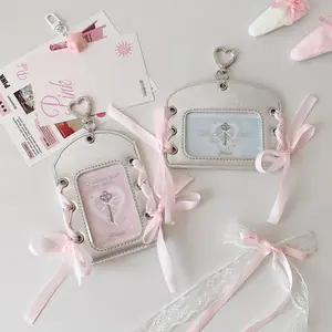 PU Leather Card Holder, 1 Count Mini Photo Card Holder with Ribbon, Identification Badges & Supplies for Office School Dormitory