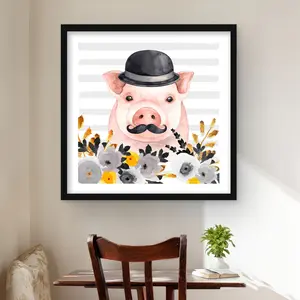 Begin Home Decor C1FM2424UEB8QI 24 x 24 in. Small Detective Pig - Bedroom Flowers Framed Matted Print Wall Art