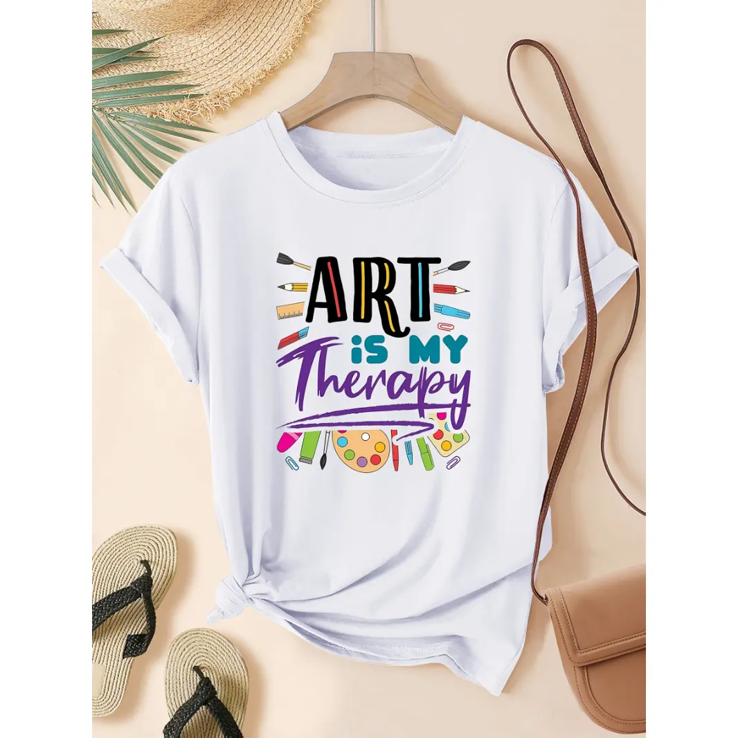 Womens Cotton Short Sleeve Graphic Tee Art Is My Therapy Colorful Paint Brush Palette Print Casual Summer Top For Artists Teachers Students Studio And Weekend Wear