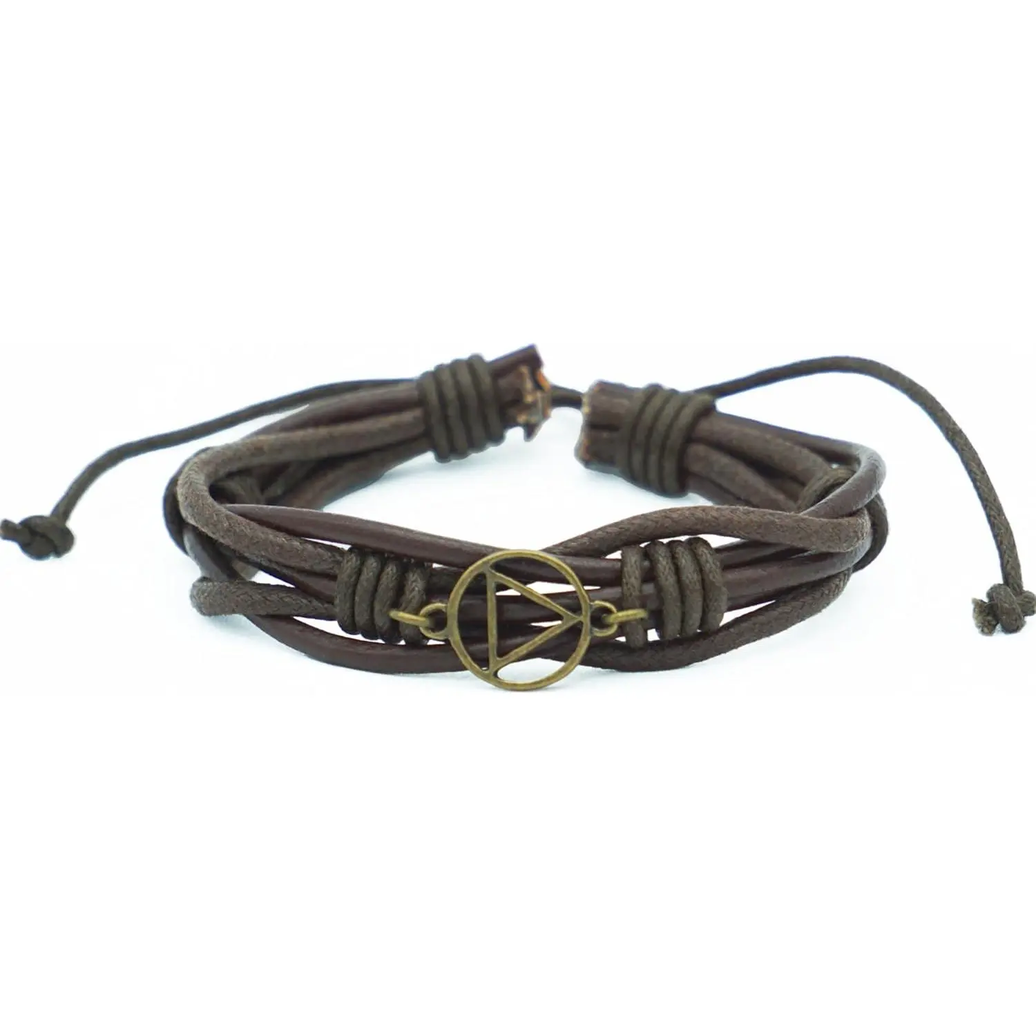 Adjustable Brown Lear  Bracelet with Alcoholics Anonymous Circle Triangle Charm | Sobriety  for Men and Women in