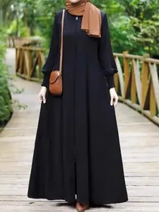 Fashion Women's Long Robe Dress with Zipper Pocket, Casual Loose-Fit Woven Fabric, All Seasons Wearable, Stylish Ladies' Clothing, Muslim Women Gowns