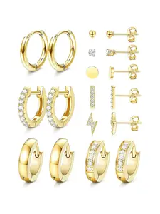 9 Pcs Golden Silvery Stainless Steel Ear Hoops Studs for Women Men Tiny Ball Shining CZ Huggie Hoop Earrings Gentle Huggies Earring Set Mini Earrings Set for Multiple Piercings