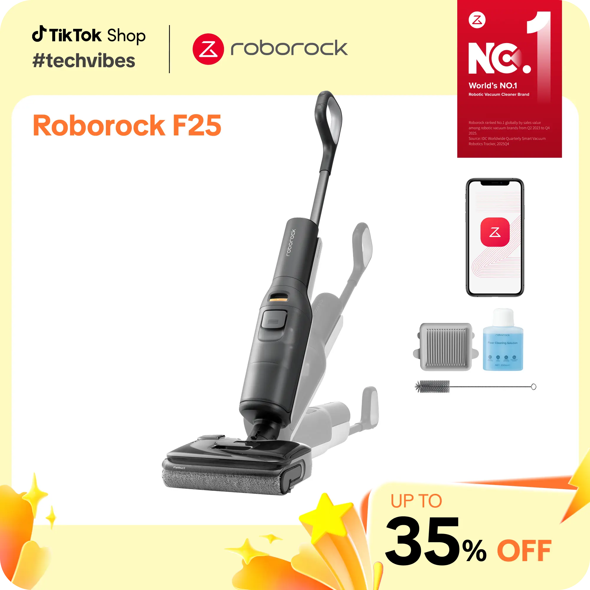 Roborock F25 Fully Cordless Wet Dry Vacuum Cleaner - All-in-1 Smart Self Cleaning Automated Device with 20000Pa Suction, 194°F Flash Dry, 4.92" Deep Reach, 60min Eco Mode, Handheld Form Compatibility #TechVibes
