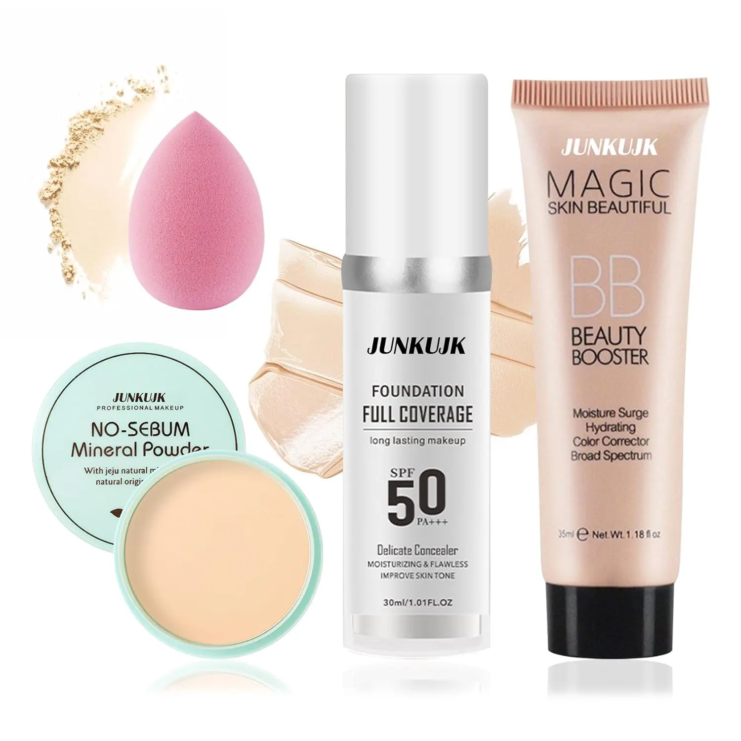 Women's Waterproof Multi-Pack Cosmetic Sets for Women A - Color Changing Full Coverage Liquid Foundation, Moisturizing BB Cream, Flawless Loose Setting Powder, Face Primer, Makeup Sponge, Set A