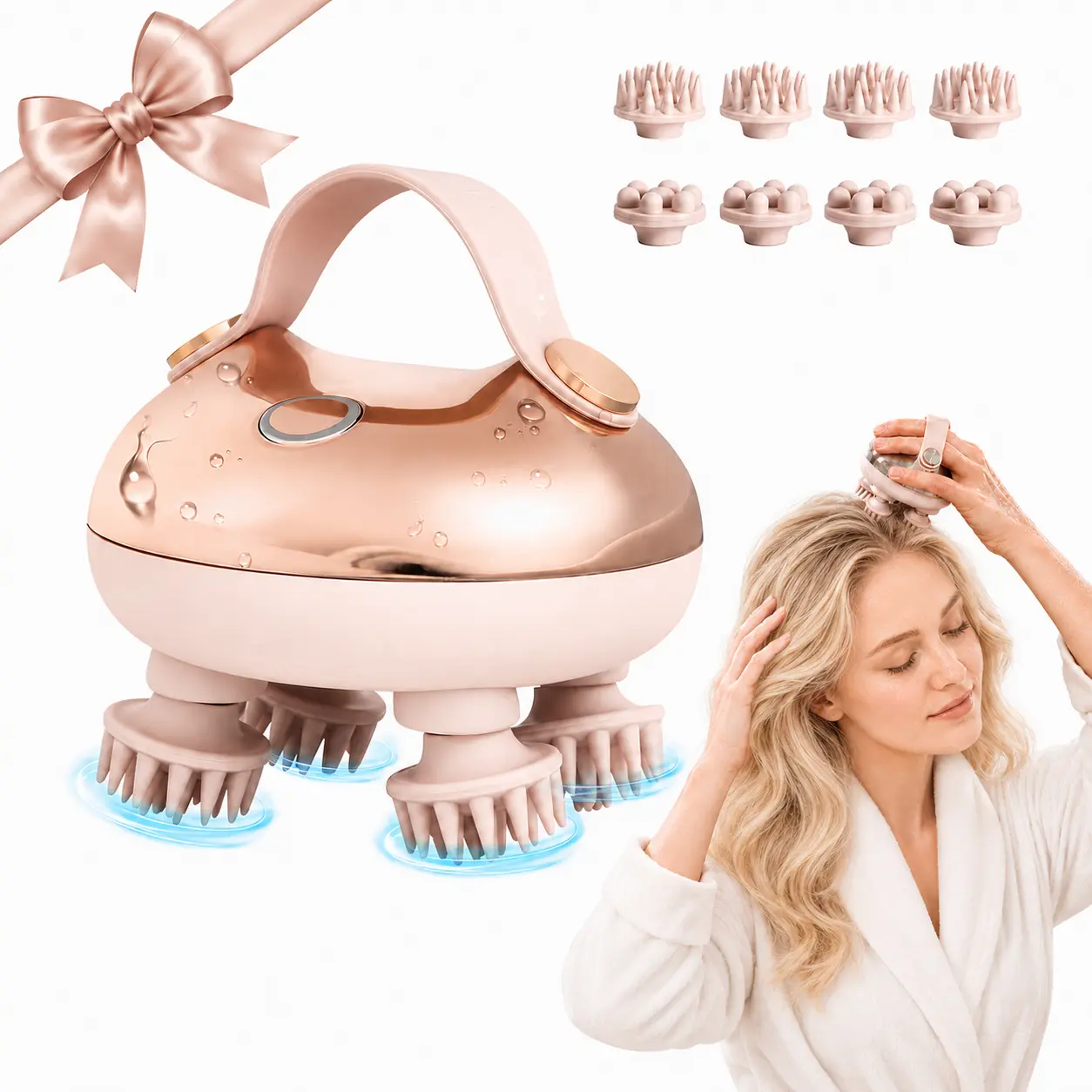 Relaxing Electric Head Massager - 10cm Lightweight, Cordless, Rechargeable, Waterproof Personal Care Device with 8 Removable Claws for Daily Head Spa, Stress Relief
