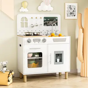 Wooden Kids Play Kitchen Set with Real Lights & Sounds, Interactive Pretend Kitchen with Knob Sounds, Sink, Water Dispenser, 6 Pcs Cookware & Chalkboard Panel for Toddlers and Children