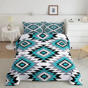 Southwest Native American Designer Comforter Set,Queen Teal Grey Geometric Luxury Bedding Set,Decor Tribal Bed Comforter,Breathable Quilt Set