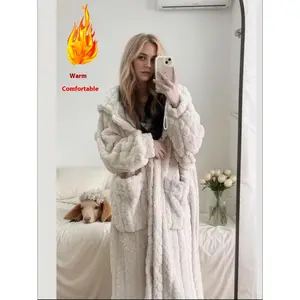 1 Piece Women's Winter Warm Casual Flannel Robe, Fuzzy Plush Wearable Blanket, Calf-Length with Pockets