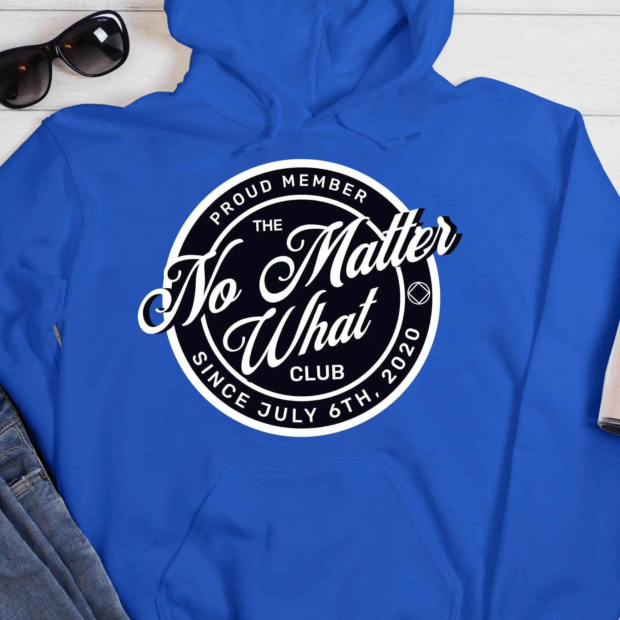 Men's Pullover Hoodie - Custom Date Recovery Logo "No Matter What Club" Sobriety Graphic Tops, Menswear Long Sleeve Casual Cotton-Polyester Blend Sweatshirt