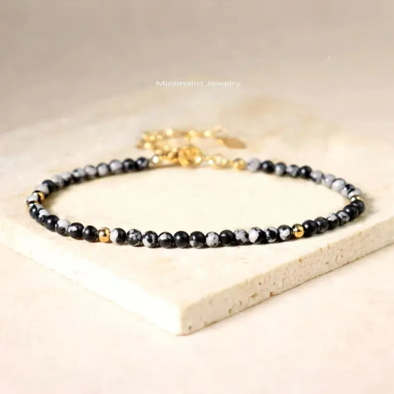 Natural Delicate Snowflake Obsidian 3mm Round Beads Bracelet Healing Protection Meditation Triple Stretchy Protection Bracelet