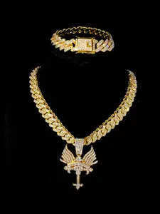 4pcs Hip-Hop Cross-Shaped Pendants with Wings, Iced Out Blingbling Cuban Chain Layered Necklaces, Street Design Jewelry Set for Men Women