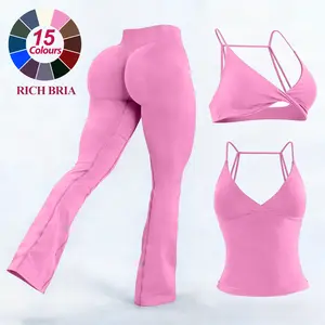 RICH BRIA Vision Sports Sets Womens Seamless Strappy Tank Top, Twist Sport Bra, V Cross Low-mid Waist V Back Butt Lifting Mini Flared Leggings Gym Sets for Yoga Fitness, Compression, Breathable & Comfortable Activewear