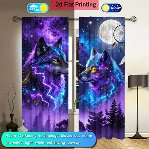 2 Piece Starry Night Wolf Print Curtains, Window Curtain, Multifunctional Filtering, Rod Pocket Hanging, Hand Washable, Home Office Decor