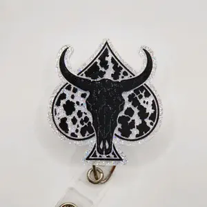 Western Bull Skull Glitter Acrylic Retractable Badge ID Reel Belt or Alligator Clip creative badge holder