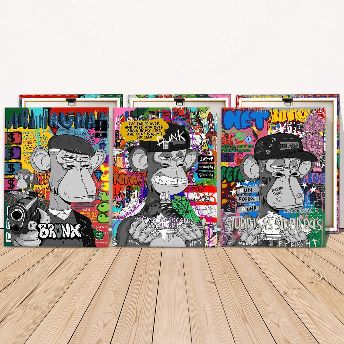 3 Counts Wooden Framed Canvas Painting, Cool Graffiti Pop Art Monkey Images, Exquisite Poster, Perfect Living Room Decoration, Modern Home Decoration, Modern Art, Fashion Family Poster, Wall Art Decoration, Waterproof Art