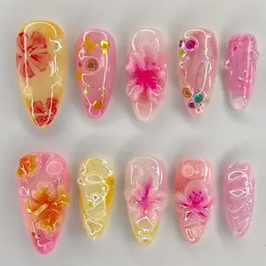 Chic Nail Studio Hibiscus Paradise Press-On Nails - Handmade 3D Floral Gel Nails, Premium Quality Soft Gel Acrylic, Custom Fit, Tropical Summer Nails