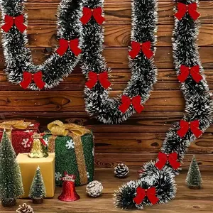 26ft Christmas Garland with Bows, Garland Ribbon, Vinyl Tinsel Holiday Decoration, Easy to Shape & Cut, No Power Needed, Perfect for Home & Outdoor Decor