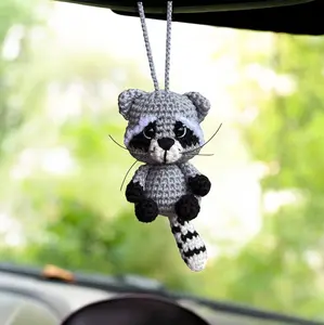 Raccoon Car Accessory RearView Mirror Hanger Cute Car Decoration for Women Crochet Raccoon Plush Ornament Hanging Accessory