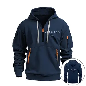 Men's Solid Color Zipper Pullover Hoodie with Zipper Pocket Autumn Winter Casual Long Sleeve Hooded Sweatshirt for Daily Wear - Clothes