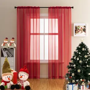 2Pcs Christmas Red Rod Pocket Sheer Voile Curtain, Sunlight Filtering Protect Privacy Polyester Sheer for Bedroom Patio Door 52x84inch langsir bidai blackout sheer Ring brocade blind langsir hook rod gradient cabinet