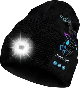 Bluetooth beanie with light, unisex USB rechargeable 6‑LED headlamp hat with cordless headphones, unique Christmas/birthday gifts for men and husbands, teen warm knit balaclava for outdoor activities, skull cap, cycling, spider web design, sports, lightwe