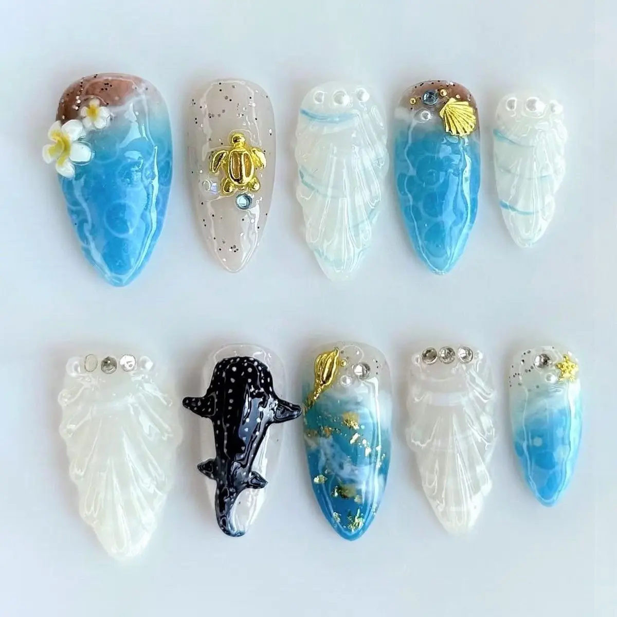 Ocean Theme Press On Nails with Turtle and Whale Design, Beach Vacation Nails, Marine Life 3D Nail Art for Summer, 3D Shark Ocean Beach Vibe
