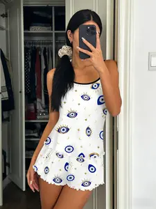 Base Turkish Evil Eye Star Moon Print Pajama Set, Border Ruffle Design, Aesthetic Sexy Slim-Fitting Sleeveless Sleepwear, Loungewear, Womenswear
