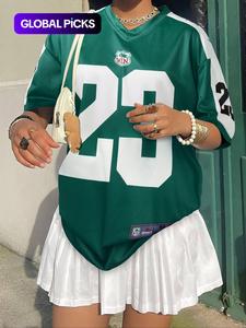 women's letter & number print v neck sports tee, casual comfy short sleeve t-shirt for summer, women's top for daily wear