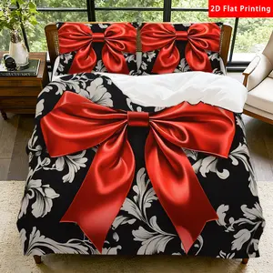 2/3 Pcs 2D Flat Elegant Red Bow and Floral Duvet Cover Set Red Bow and Floral Bedding Set Quilt Cover 1 Duvet Cover + 1/2 Pillowcases Floral Top Sheet Decorative Bedding Bedroom Decor