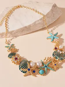 Elegant Shell Pearl Necklace Earrings Set, Women's Rhinestone Jewelry with Natural Stone Design, Ideal Gift Choice