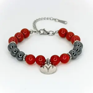 FIMENESS - ARIES ENERGY BRACELET RED JASPER, HEMATITE AND CARNELIAN NATURAL STONE 8MM BEAD COMBINATION HAND MADE STAINLESS STEEL NON-TARNISH JEWELRY
