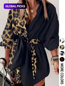 1pc Women's Leopard Patchwork Bishop Sleeve Long Sleeve Shirt Dress with Self-Tie Waist (Custom Fit), Oversized Silhouette, Multiple Color Options, Womenswear