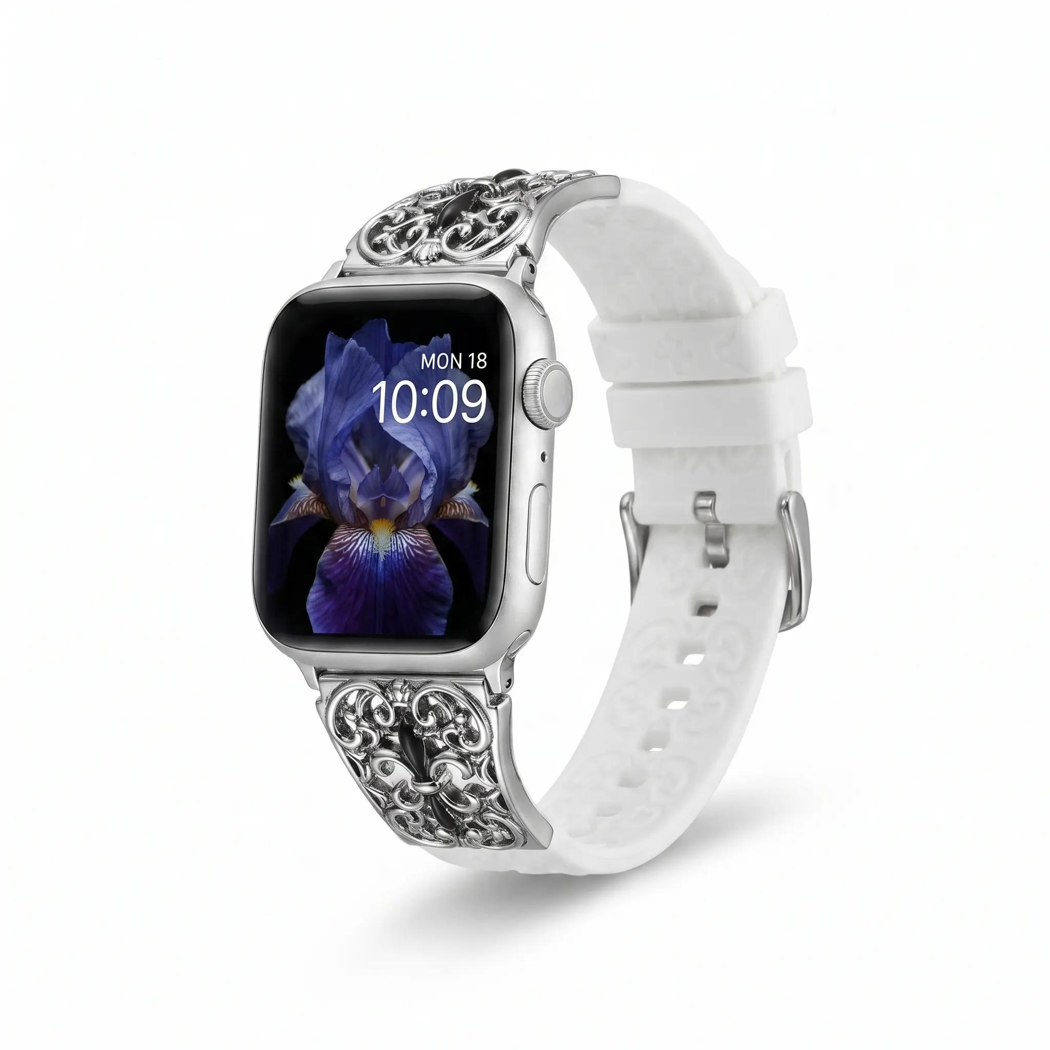 Iris Floral Silicone Watch Band (Band Only), Magnetic Smart Watch Straps for Apple Watch 40/41/44/45/49 mm, Nature-Inspired Accessories for iWatch Ultra 2, Series 9/8/7/6/5/4/SE/3, Wearable Aesthetic Durable Flower Man sohochic