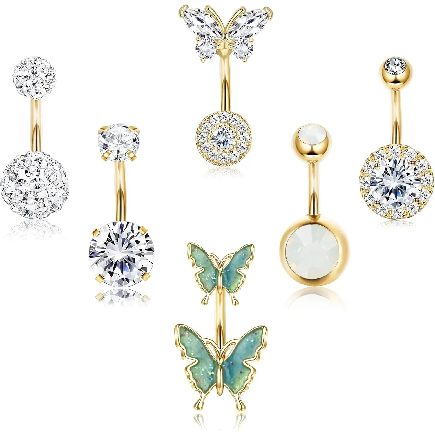 Milacolato 14G Gold-Plated Belly Button Rings Pack for Women, Cute Jewelry with Snake, Evil Eye, Heart, CZ, Butterfly Dangles, Ideal for Everyday Wear Belly Rings Piercing Jewelry
