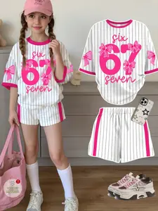 Teenage Girls Casual Minimalist Custom Tee, Cool Number 67 Bow Pattern, Striped Sporty Style, Short Sleeve Set for Summer, Summer Outfits Set