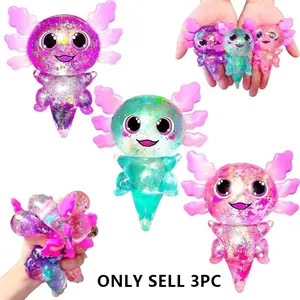 3Pcs Axolotl Squishy Stress Balls, Cute Slow Rising Glitter Sensory Toy, Sugar Filled Squeeze Balls for Kids Adults, Anxiety Relief Therapy Classroom Fidget, Calming Decompression Set