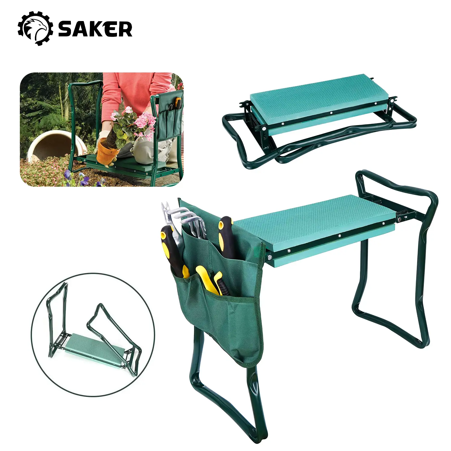 Saker Heavy Duty Foldable Garden Kneeler Seat, 330 lbs Weight Capacity Retractable Gardening Bench with Tool Storage Pouch & Thick Foam Pad for Outdoors, 23.6 x 11.0 Inches