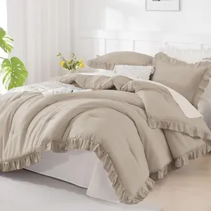 California King Comforter Wheat (104x96Inch), 3 Cal King Ruffle Comforter, Oversized Farmhouse Comforter, Lighteweight and Microfiber