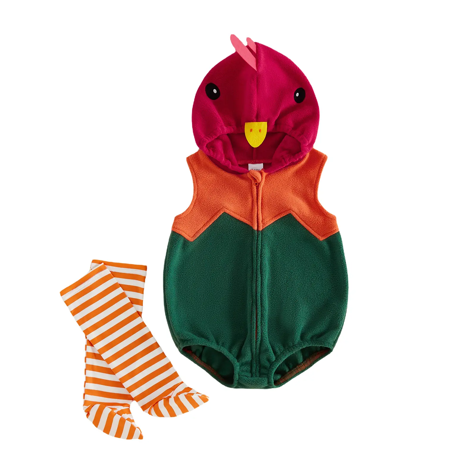 Infant Baby Boy Girl Thanksgiving Romper Hooded Zip Up Sleeveless Turkey Costume Jumpsuit and Striped Stockings 0-24 Months