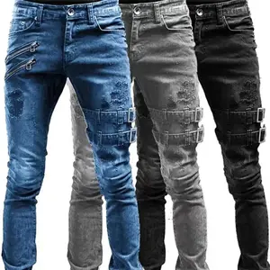 Men's Retro Moto Biker Straight Elastic Denim Cargo Pants with Zipper Hole, Pocket, Streetwear Punk Menswear Clothes for Sports & Outdoor Activities