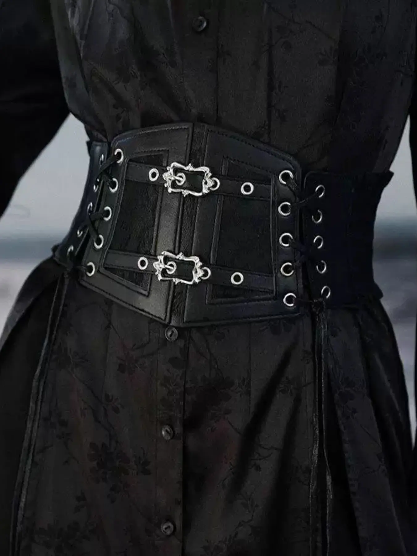 Gothic Lace Ribbon Adjustable Waist Belt with Buckle, Dark Punk Metal Buckle Elastic Waistband, Wide Decorative Waist Tie for Daily Wear, Statement Belts, Wrap Tie Waist, Design Belt, Punk Style Belt, Fashion Belt
