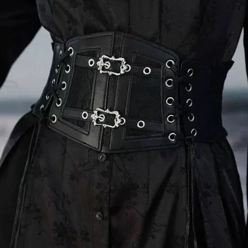 Gothic Lace Ribbon Adjustable Waist Belt with Buckle, Dark Punk Metal Buckle Elastic Waistband, Wide Decorative Waist Tie for Daily Wear, Statement Belts, Wrap Tie Waist, Design Belt, Fashion Belt, New Punk Belt