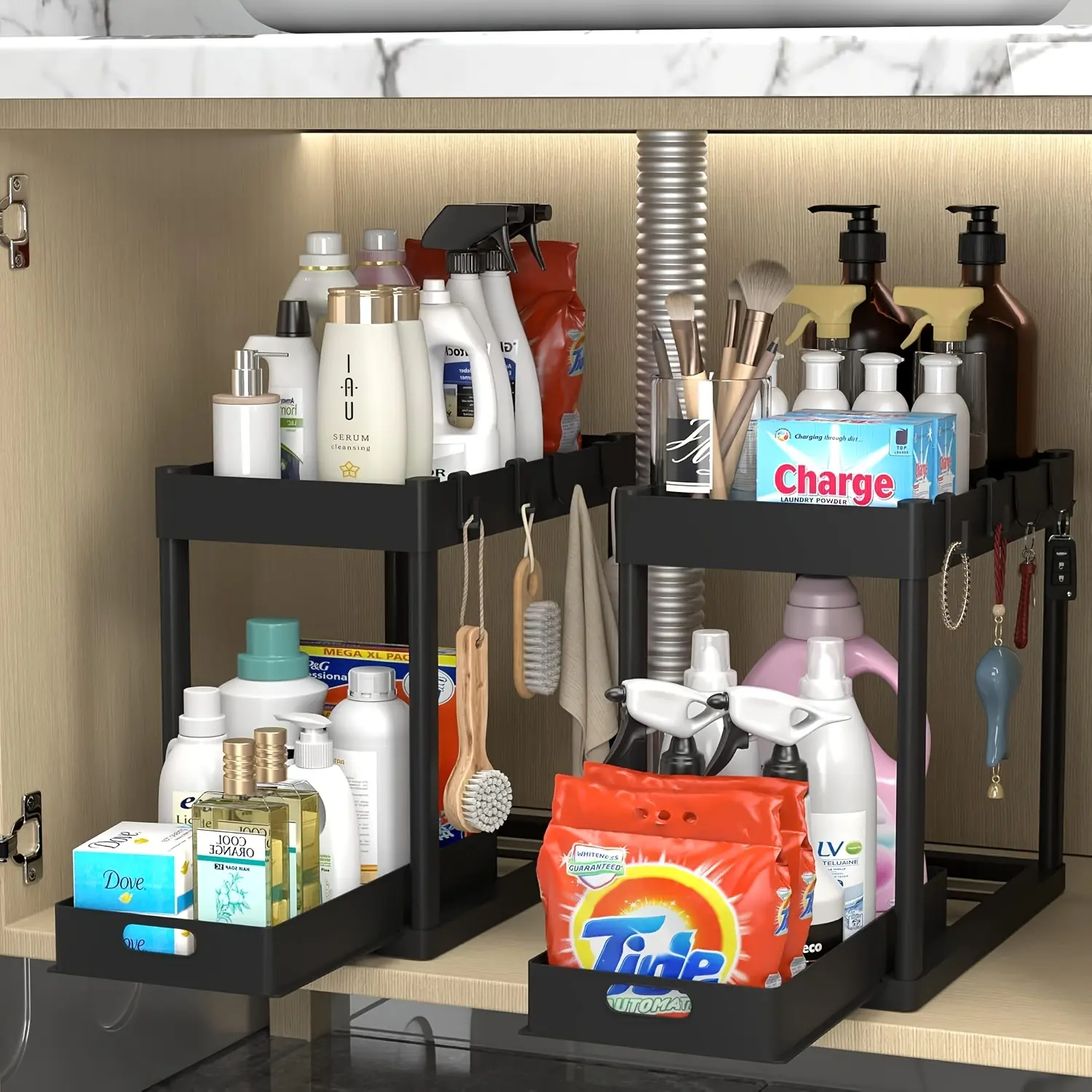 2-Tier Pull Out Organizer With Hooks,Sliding Cabinet Basket,Waterproof Base,Anti-Slip Design,High Density Plastic,Gray,Under Sink,Kitchen,Bathroom,Pantry,Laundry Room,Dorm,Apartment,Sturdy And Stable,Easy To Clean,Space Saving,Storage For Towels,Utensils